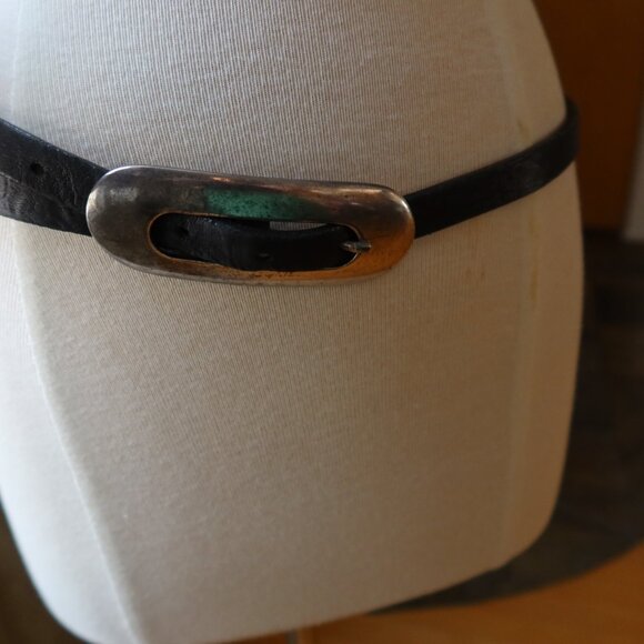 Streets Ahead belt black leather and large oval silver buckle size ITALY $185 S main image 11